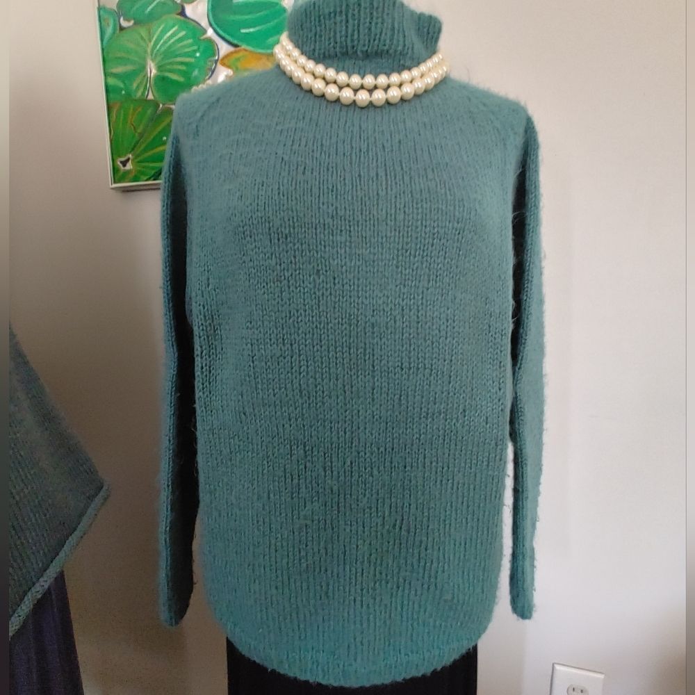 Handknit soft fuzzy Teal Turtleneck Sweater (287)